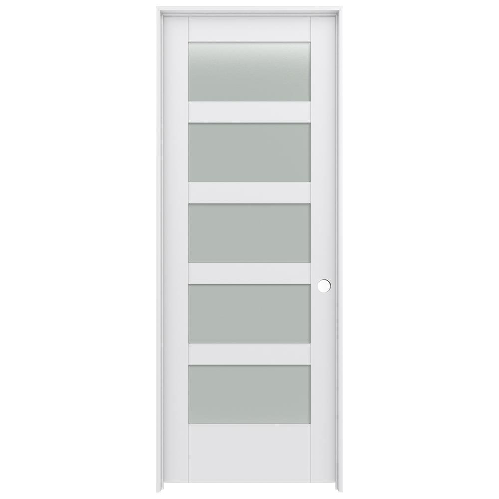JELD-WEN 30-in x 80-in Primed Solid core 5-panel Frosted glass Left hand Smooth Primed MDF Flat Jamb Single Prehung Interior Door with