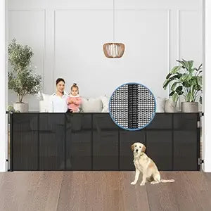 Reinforced 100 Wide Retractable Baby Gate with Support Rods, Upgrade Extra Wide Dog Gate Retractable Pet Gate to Prevent Crawling Through, Indoor/Outdoor Mesh Gate for Large Openings (Black)