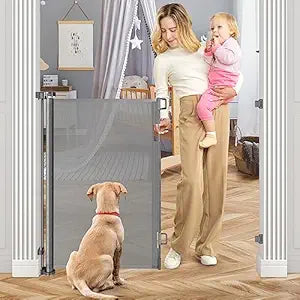 42 Inch Extra Tall Baby Gate for Stairs 55 Wide Retractable Anti-Scratch Mesh Gates for Kids or Pets Extra Tall Puppy Gates for The House One-Hand Operation Retractable Dog Gate for Doorway, Gray