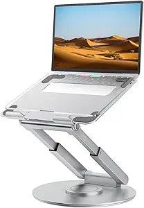 tounee Telescopic Laptop Stand for Desk with 360 Swivel Base, Sit to Stand, Height Adjustable, Portable Riser Holder for Good Posture, Compatible with All Laptops 10-17'-Silver