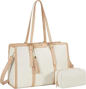 LOVEVOOK Laptop Bag for Women 15.6 inch Lightweight Canvas Laptop Tote Bag, Large Capacity Computer bag with Clutch Purse for Business, Work, Office, Travel, School Pearl White & Beige 15.6 Inch