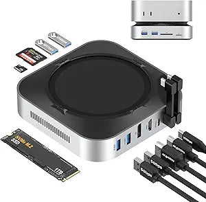 Mac mini M4 Dock with NVMe SSD Enclosure, 40Gbps 8TB SSD Support, 10-in-2 USB-C Hub with 2 USB-A, USB-C, 10Gbps, 2 USB-A 5Gbps, HDMI, DP, SD/TF Reader, Magnetic Cover