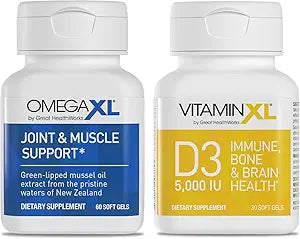 OmegaXL Joint Support Supplement - 60 Softgels & VitaminXL D3 High Potency Daily Vitamin D 5000 IU 125mcg Immune Support Supplement (30 Softgels) - 2 Pack