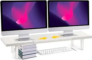 Dual-Monitor-Stand-Riser-For-Desk Adjustable Length 32-40 Inch Large Desktop Computer Monitor Riser For 2 Screens Desk Shelf Organizer Riser Stand For Computer/Laptop/PC/Printer/TV White
