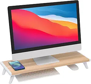 loukin Monitor Stand Riser for Desk, 22.4' x 8.3' Larger Computer Stand for Laptop, PC, Printer, Sturdy Desktop Computer Shelf with Non-Skid Rubber, Home Office, Natural Wood