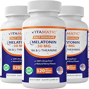 Vitamatic Melatonin 30 mg - with B6 & L-Theanine - 120 Fast Dissolve Tablets with Natural Berry Flavor (2 Tablets Dose = Melatonin 60 mg) (120 Count (Pack of 3))