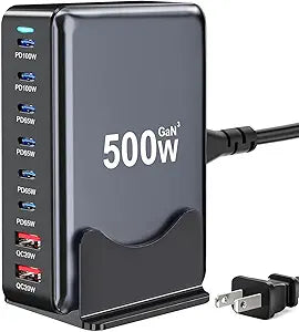 500W USB C Charger Block, Multi-port Fast USB Charging Station Dual PD 100W GaN Charging Station For Multiple Devices, Laptop Charger Adapter Compatible with MacBook, DELL, iPad, iPhone, Samsung etc