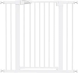 BABELIO 36' Tall Dog Gate PressGuard C5, 26-40' Wide Auto Close Baby Gate, Pressure Mounted Metal Pet Gate, Easy Install No Drilling, No Tools Needed, with Wall Protectors and Extension Kits, White