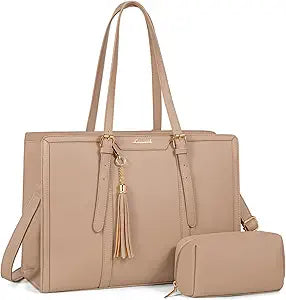 LOVEVOOK Laptop Bag for Women 15.6 inch Lightweight PU Laptop Tote Bag, Large Capacity Computer bag with Clutch Purse for Business, Work, Office, Travel,School Casual Light Brown 15.6 Inch