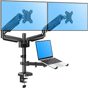MOUNTUP Dual Monitor and Laptop Mount, Adjustable Monitor Stand for 2 Max 27' Computer Screens, Laptop Tray Fits 10-17inch Notebook, Holds 4.4-17.6lbs Per Arm, 3-in-1 Adjustable Monitor Desk Mount