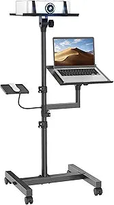 Projector and Laptop Stand Tripod, 2 Shelves Mobile Laptop Tripod Stand, Max 47' Height Adjustable Laptop Cart on Wheels, Projector Floor Stand with Ventilated Tray for Podium, Meeting, Couch