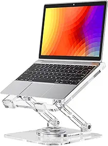 Laptop Stand for Desk - Adjustable, Foldable Clear Acrylic Riser with 360° Rotating Base, Ergonomic Laptop Holder for MacBook Pro/Air & 10-16†Notebooks
