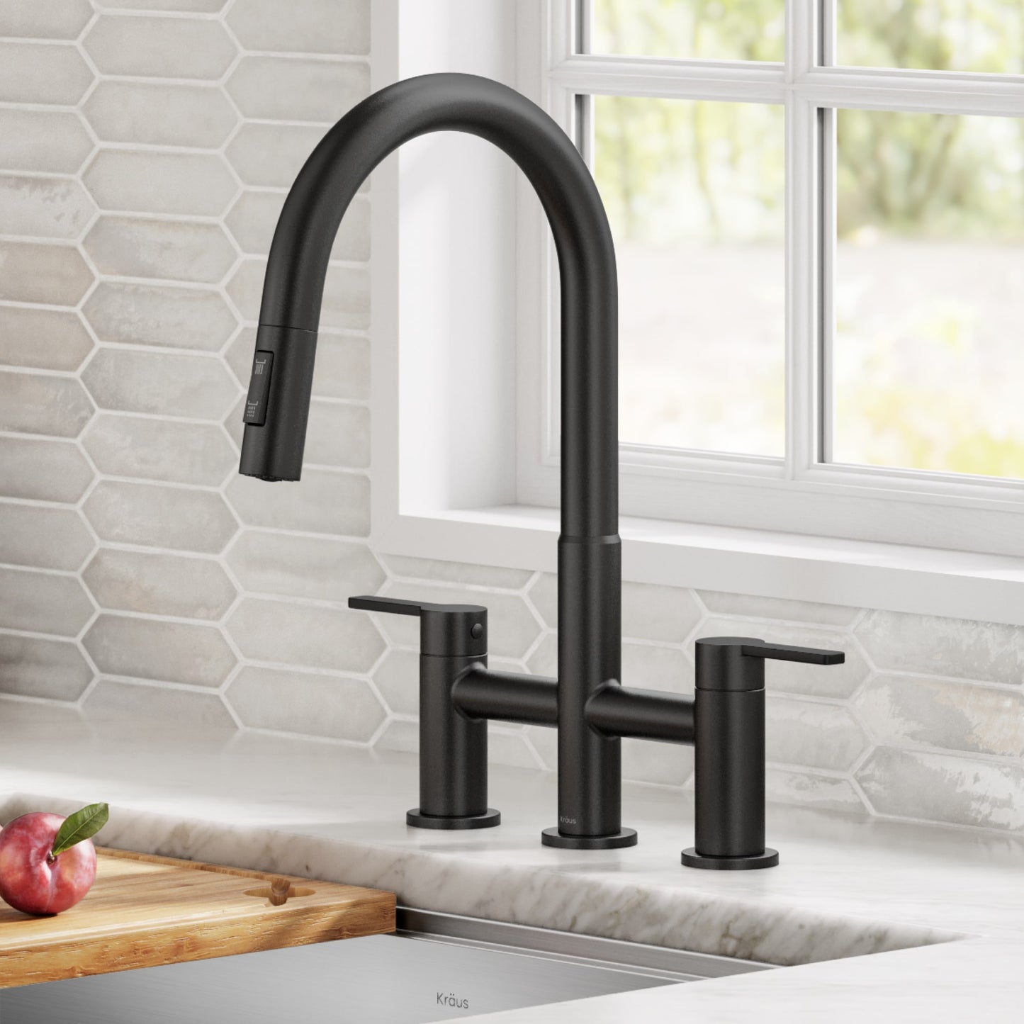 Kraus Matte Black Double Handle Deck-mount Bridge Kitchen Faucet with Sprayer