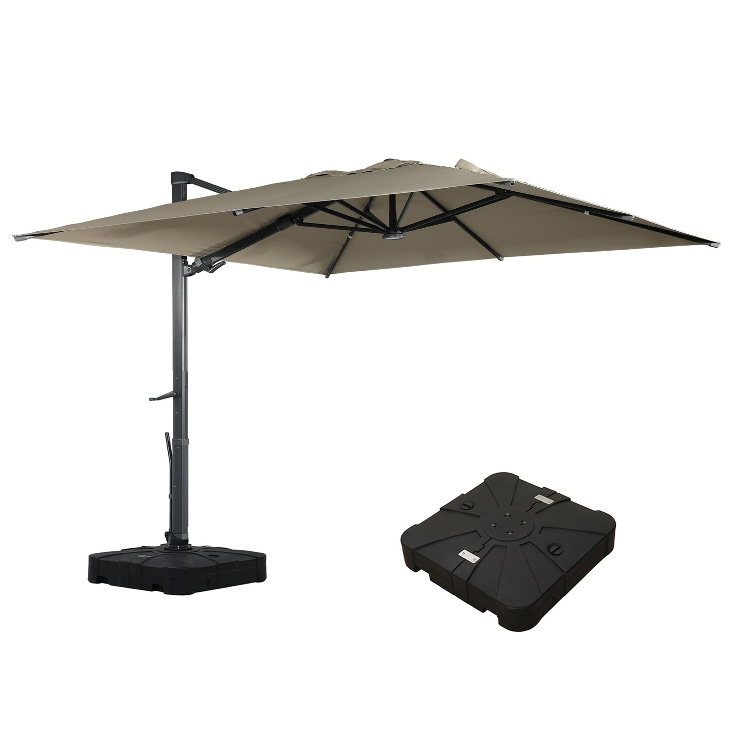 Sumyeg 10-ft Aluminum Tan Cantilever Patio Umbrella with Lights with Base