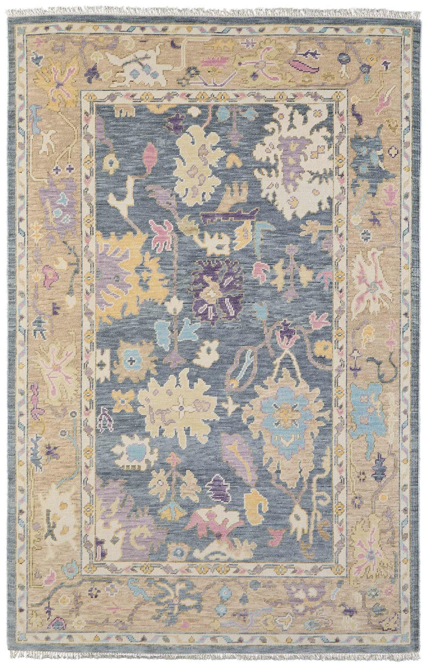 Room Envy Larson 4 x 6 (ft) Knotted Wool Dark Denim Blue/Wheat Beige Rectangular Indoor Floral/Botanical Global Professionally Clean Only Area rug