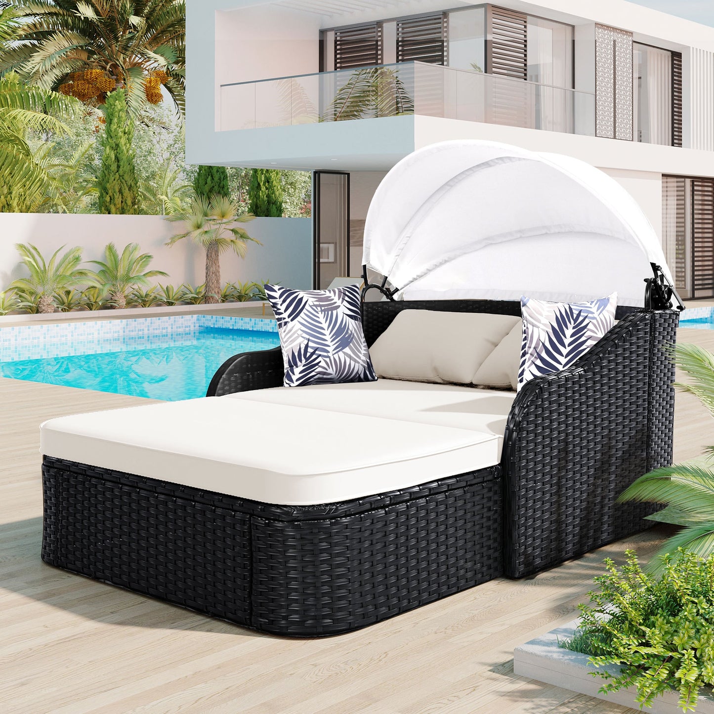 Xspracer Outdoor Sunbed Wicker Outdoor Daybed with Beige Cushions and Wicker Frame