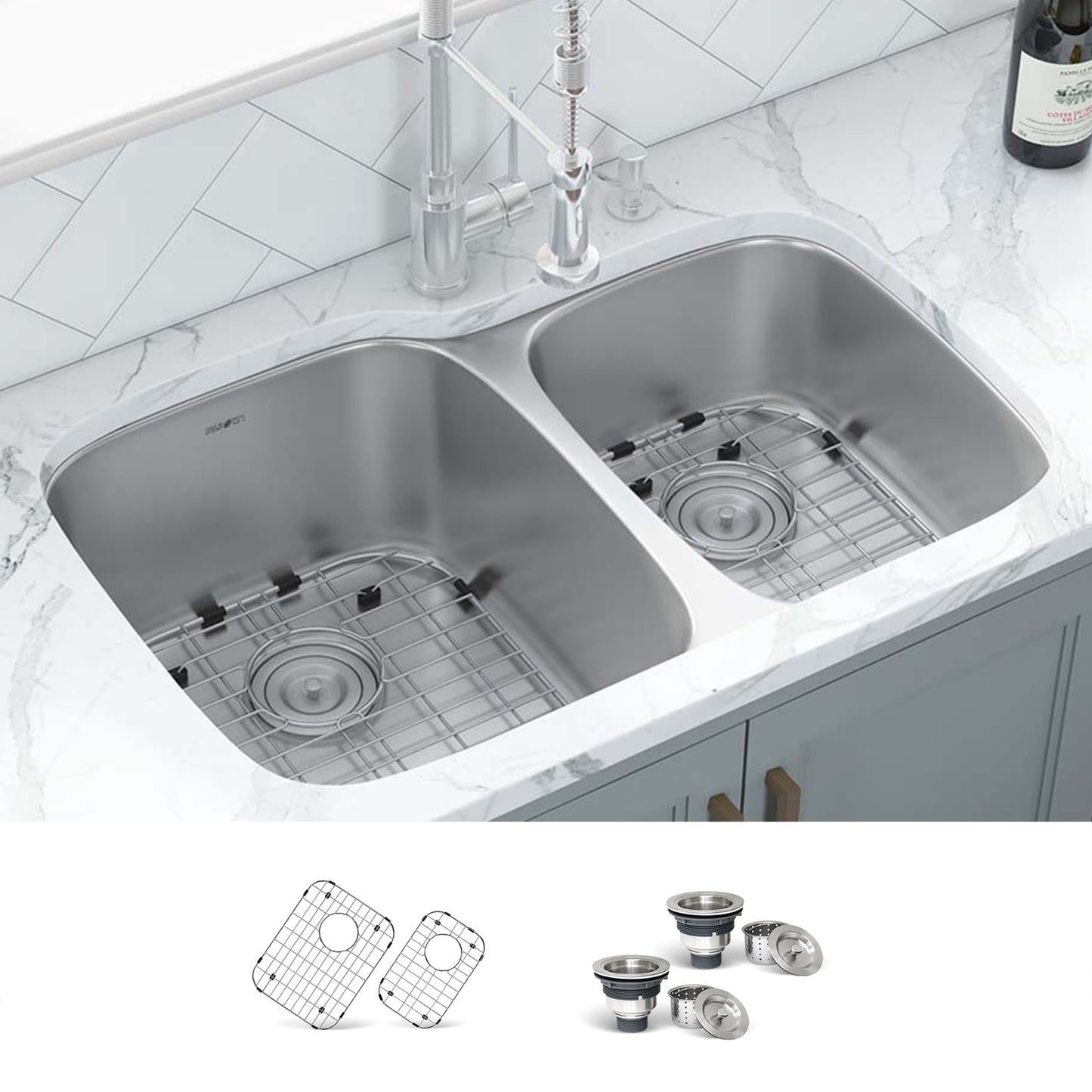 Ruvati Parmi Undermount 32-in x 20.75-in Stainless steel Double offset bowl 16 -Gauge Kitchen Sink
