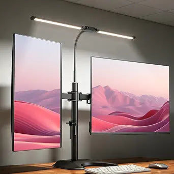 1327″ Dual Monitor Stand for Desk with Adjustable LED Desk Lamp, Monitor Stand with Led Lights Freestanding Dual Monitor Mount (22 lbs/Arm) Two-Screen Ergonomic Mount with Reading Lamp