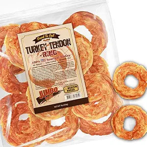 Gootoe Turkey Tendons for Dogs All-Natural, Hypoallergenic Dog Treats, Rawhide Alternative, Long Lasting Puppy Chews, Healthy Dog Treats for Medium Breeds, Ring (M), 16 oz Pack (1 lb)