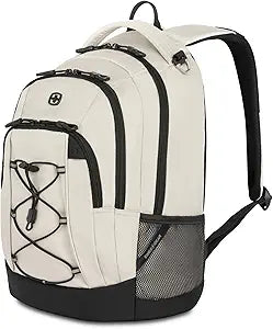 SwissGear 1186 Special Edition 13 Laptop Backpack Cream/Black Compact Tech Bag with Reflective Accents Multiple Organizer Pockets with Bungee Cords & D-ring Attachment Point