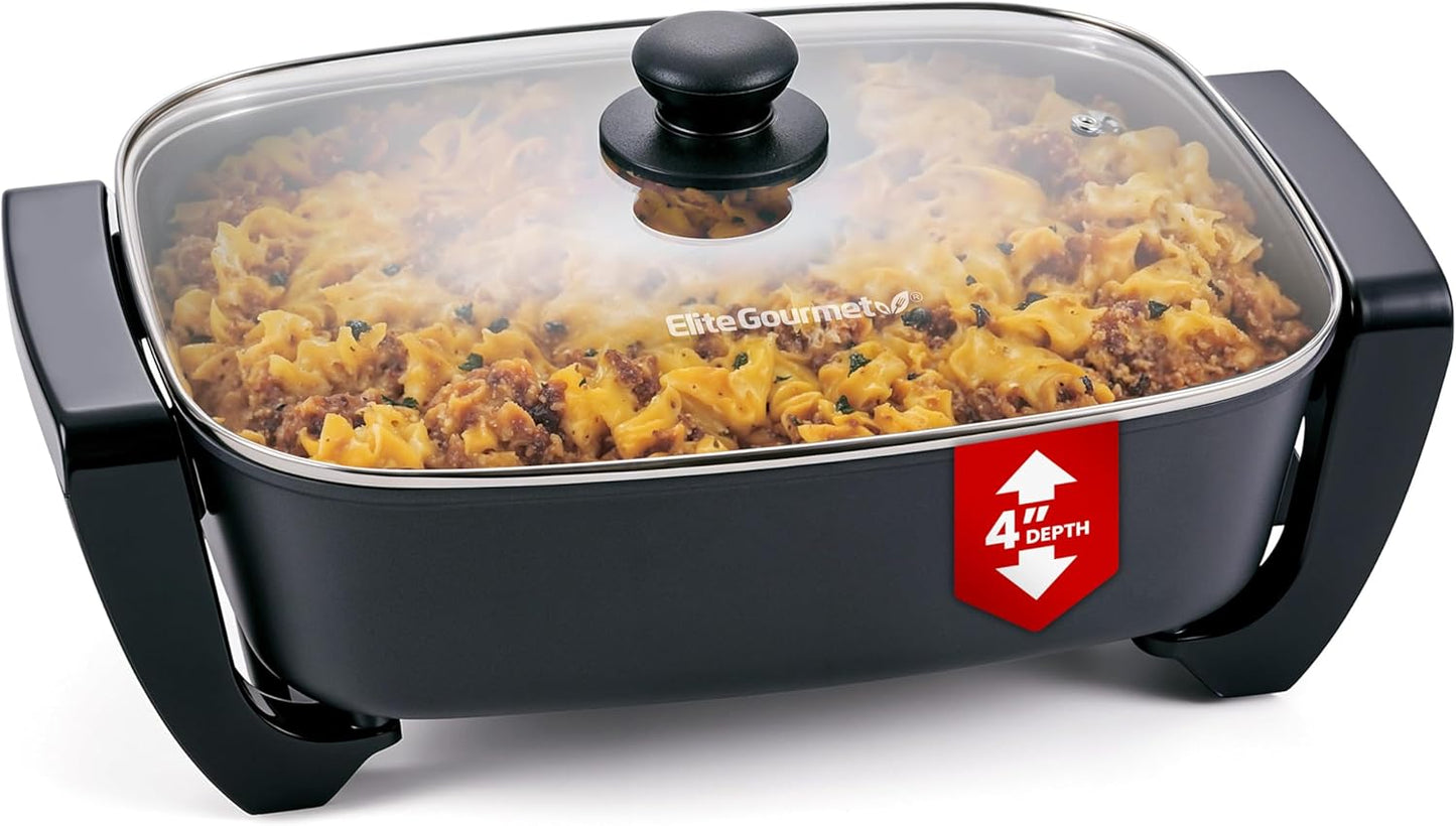 Elite Gourmet 15' x 12' x 4' Electric Skillet, Xtra Deep Dish, Ceralast PFAS Free Ceramic, 1500W Rapid Heat, Tempered Glass Vented Lid, Dishwasher Safe, 12.5 Qt., Black\/Gray