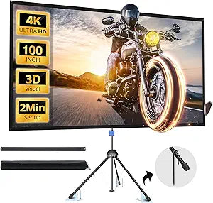 Projector Screen with Stand, Paris RH NE 100-inch Outdoor Indoor Projector Screen 16:9 4K HD PVC, 1.5 Gain Portable Wrinkle-Free Movie Screen for Home Backyard Theater with Carry Bag, Ground Nails