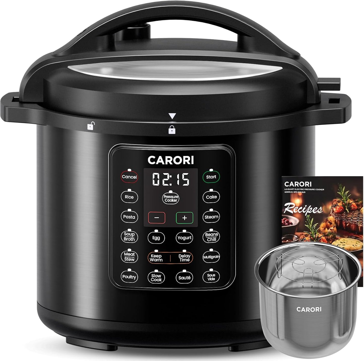 CARORI 1200W 12-in-1 Electric Pressure Cooker 8Qt, Stainless Steel Pressure Cooker, Slow Cook Rice Cooker Steamer Saut , Yogurt Maker, Warmer & Sterilizer with Recipe, Safer Venting Design, Black