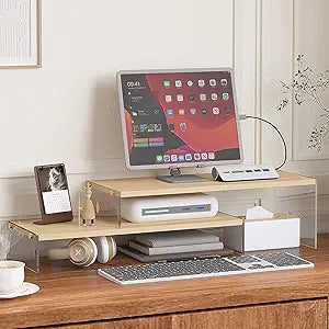 YGYQZ Adjustable Monitor Stand Riser with Acrylic Legs丨9.4" Wide Dual Monitor Stand for Desk丨2-Tier Wood Desktop Organizer for Computer, Laptop, Printer & PC丨 Modern Aesthetic Desk Shelf(wood-flat)