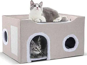 Cat House for Indoor Cats Foldable Cat Cave & Covered Cat Bed, Cozy Hideaway for Small Pets and Large Cats (23.6'x16'x12.8'),Beige