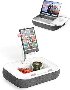 Kindle Pillow Stand with Lap Desk, Adjustable iPad Holder for Bed, 360° Swivel Tablet Arm, Laptop Desk with Mouse Pad, Snack Bowl & Cup Holder, Fits 4.713†Tablets & 15†Laptop