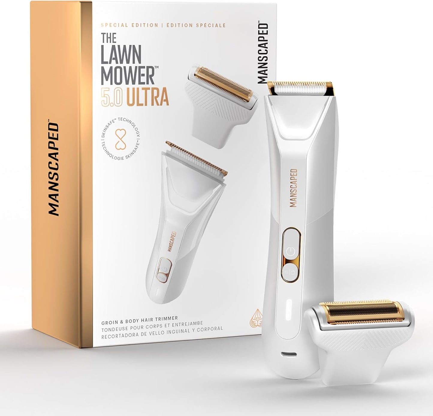 MANSCAPED The Lawn Mower 5.0 Ultra Men's & Women's Groin & Body Hair Trimmer \u2013 Dual-Head SkinSafe Trimmer & Foil Blades, Waterproof Wet\/Dry Groomer, USB-C Rechargeable with Travel Case, White