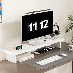 Monitor Stand Riser,Wood & Acrylic Computer Monitor Stand with LED Light,Desk Accessories Desktop Organizer Stand for Computer,Laptop,Printer,PC & TV Screen Riser (All White)