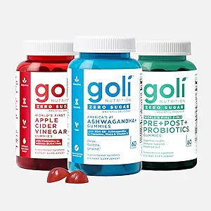 Goli Zero Sugar Trio - World's First 3-in-1 Pre, Post, Probiotic, Apple Cider Vinegar with Vitamin B12 and Probiotics, Ashwagandha & L-Theanine, Vitamin D Gummies