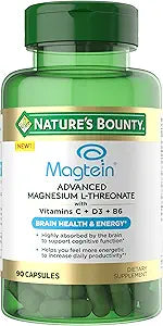 Nature’s Bounty Magnesium L-Threonate – Advanced Magnesium Supplement with Vitamin C, Vitamin D3, and Vitamin B6 – Supports Brain Health, Energy, Nerve & Immune Support Supplement – 90 Capsules