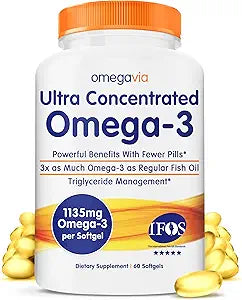 OmegaVia Ultra Concentrated Omega 3 Fish Oil Burpless, 60 Softgels, Triple Strength Omega 3 Fish Oil Supplements, 1135 mg Pure Omega3, No Fishy Burps, High EPA DHA DPA, IFOS 5-Star