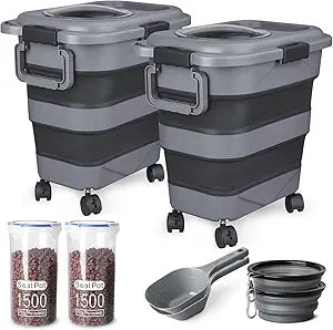 Dog Food Storage Container 2 Pack 25 lbs Airtight Collapsible Cat Food Storage Container with Attachable Wheels, Portable Handle, Dog Food Scoop for Dog Cat Bird Pet Dry Food Storage Bin Large