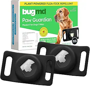 BugMD Paw Guardian Flea & Tick Pendant (2-Pack) with AirTag Holder Plant-Based Flea & Tick Prevention for Dogs Pet Collar Tag & GPS Tracker Holder for Dogs Black