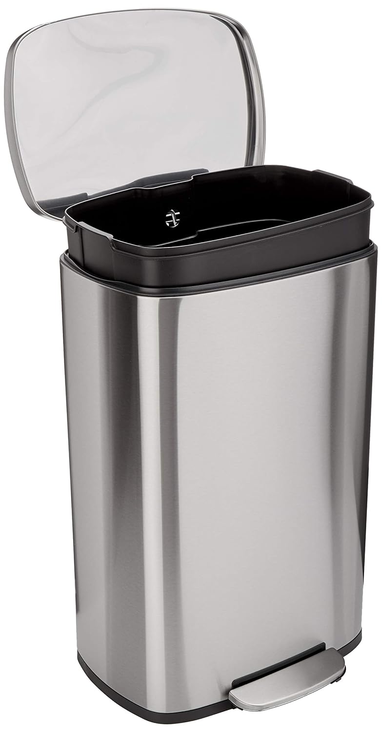 Amazon Basics Smudge Resistant Rectangular Trash Can With Soft-Close Foot Pedal, Brushed Stainless Steel, 50 Liter\/13.2 Gallon, Satin Nickel Finish, 16.7"L x 14.7"W x 25.9"H