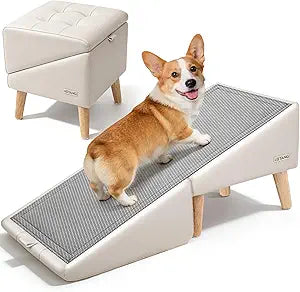 Dog Stairs for Small Dogs 16' H - Upgraded Non-Slip Dog Ramp for Bed and Couch, Foldable 2-in-1 Pet Ramp and Ottoman, Pet Stairs for Puppy, Pet Steps with Solid Wood Frame (Beige)