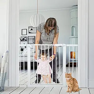 Metal Baby Gate Dog Gate 85.6''-105.2'' Auto Close Extra Wide Pet Gate for Stairs Doorways Pressure Mounted Walk Thru Child Gate with Door NO Need Tools NO Drilling with Wall Cups