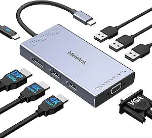 USB C Docking Station Dual HDMI Monitor Adapter, Melelink USB C Hub 3 Monitors Adapter with 2x HDMI 4K,Displayport,VGA,100W PD Charging,3 USB2.0, 8 in 1 Laptop Docking Station for Dell, HP, Lenovo,etc
