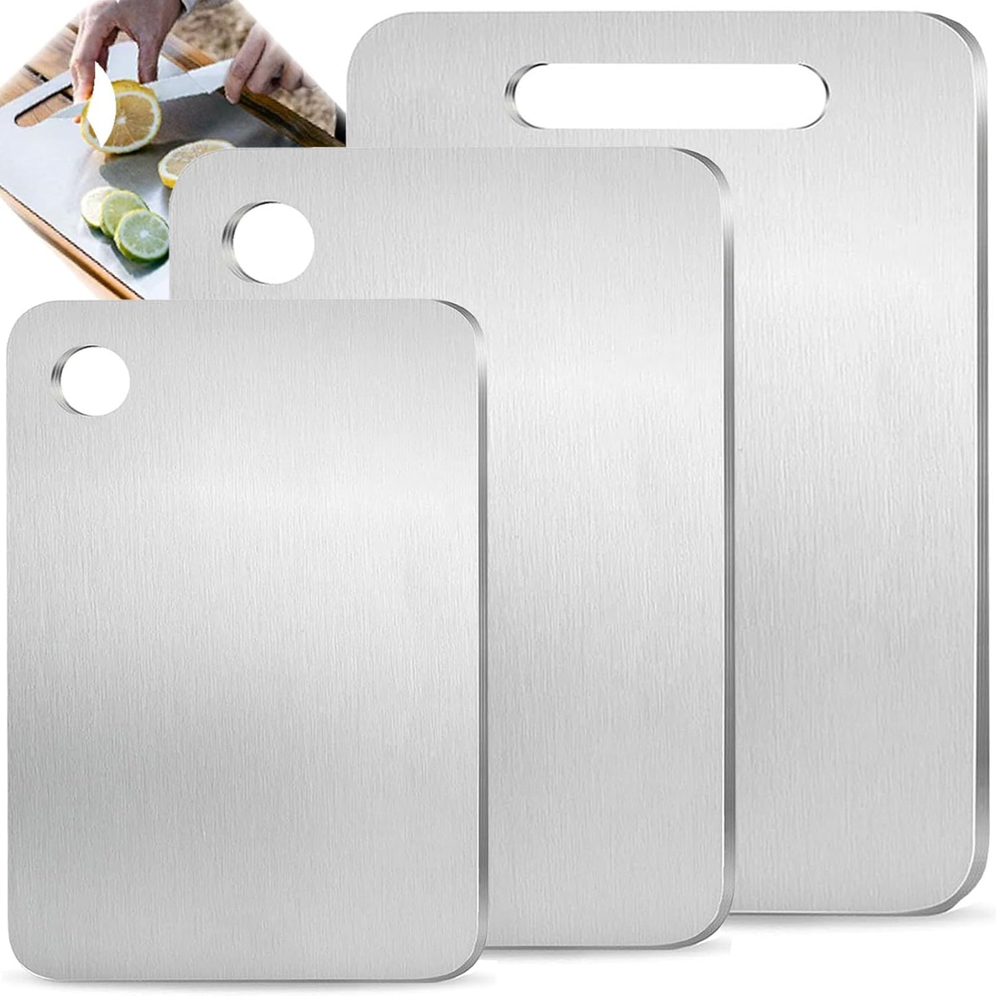 100% Pure Titanium Cutting Board Set of 3, Double-Sided Pure Cut Titanium Cutting Boards for Kitchen Dishwasher Safe, Camping Charcuterie Cutting Board Mat for Fruit, Meat & Outdoor BBQ Party (S+M+L)