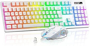 Wireless Gaming Keyboard and Mouse Combo - RGB Backlit, Rechargeable, Ergonomic, for Gaming Work, Long-Lasting Built-in Battery (White)