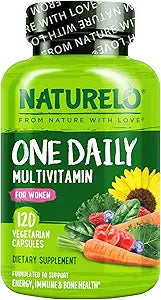 NATURELO One Daily Multivitamin for Women w/Vitamin B12, 120 Ct, Energy Support, Whole Food Daily Women Multivitamin Supplement, Nourish Hair/Skin/Nail, Non-GMO, No Soy, Gluten Free, 4 Month Supply