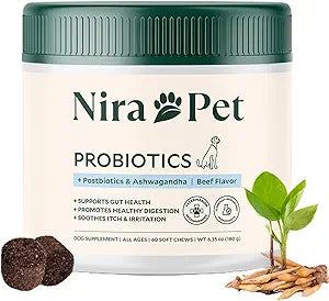 Probiotics for Dogs 60 Beef-Flavored Chews with Postbiotics, Colostrum, Ashwagandha & Lactobacillus Supports Gut Health, Immunity, Diarrhea, Gas & Stress
