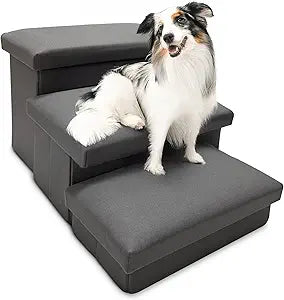 Foldable Dog & Cat Stairs for Couch 3-Step Soft Microsuede Pet Stairs with Storage, Anti-Slip Bottom, 150lb Capacity Ideal for Small, Medium & Senior Pets (Cool Grey)