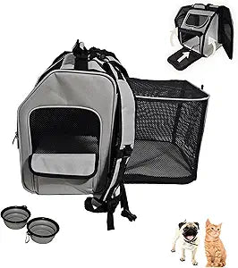 Expandable Pet Backpack Carrier Dog & Cat, Bonus 2 Collapsible Pet Bowls, Travel Bag with 4-Way Entry, Mesh Windows, Storage Pockets, Secure Zippers, Washable Cushion
