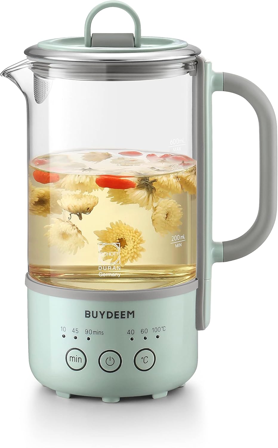 BUYDEEM K313 Travel Electric Kettle, Mini Healthy-Care Beverage Kettle, Tea Maker with Heat Resistant DURAN Glass & Durable Pro 18/10 Pro Stainless Steel, 0.6L, Cozy Greenish