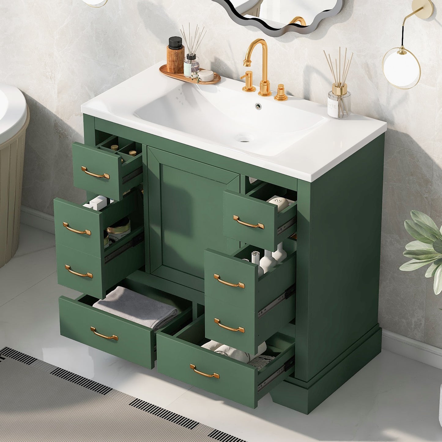 ModernLuxe 36inch Bathroom Vanity with Sink Combo Six Drawers MultiFunctional Drawer Divider Adjustable Shelf Green