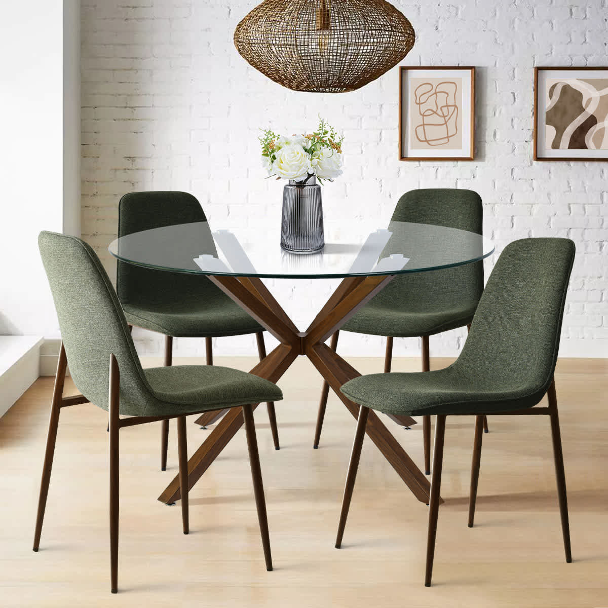 Maison Boucle 5 Piece Round Clear Glass Dining Table Set with 4 Green Dining Chairs and Walnut Finish Metal Legs